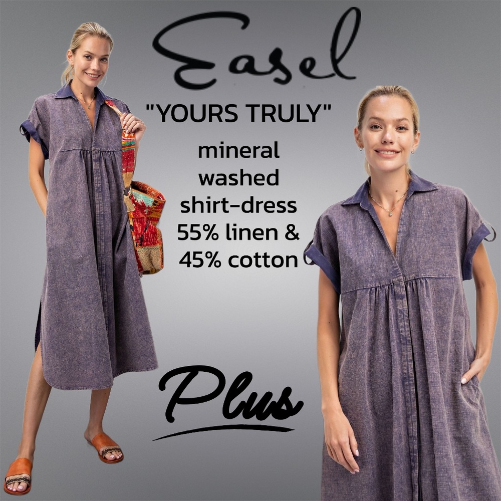 EASEL “Yours Truly” Mineral Washed Linen & Cotton Button Front Long Shirt Dress